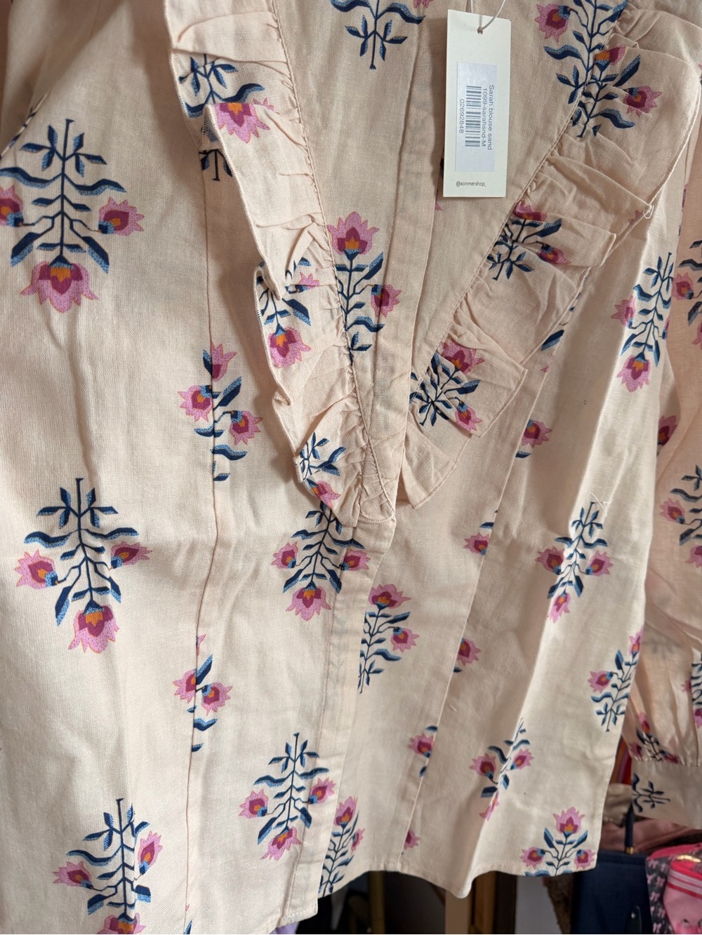 NWT Sonmer Sarah Blouse Sand Floral Print Ruffle Long Sleeve Cotton Blend - Picture 7 of 10